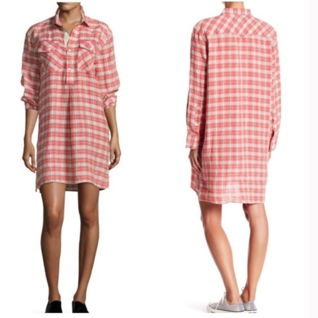 Current/Elliot Red/White Plaid Oversized Longsleeved Shirt Dress